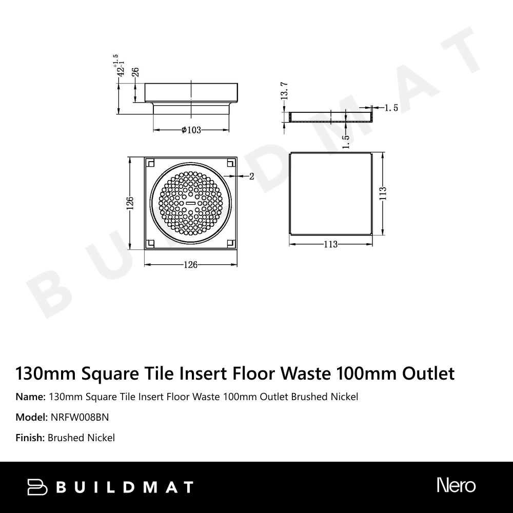 130mm Square Tile Insert Floor Waste 100mm Outlet Brushed Nickel