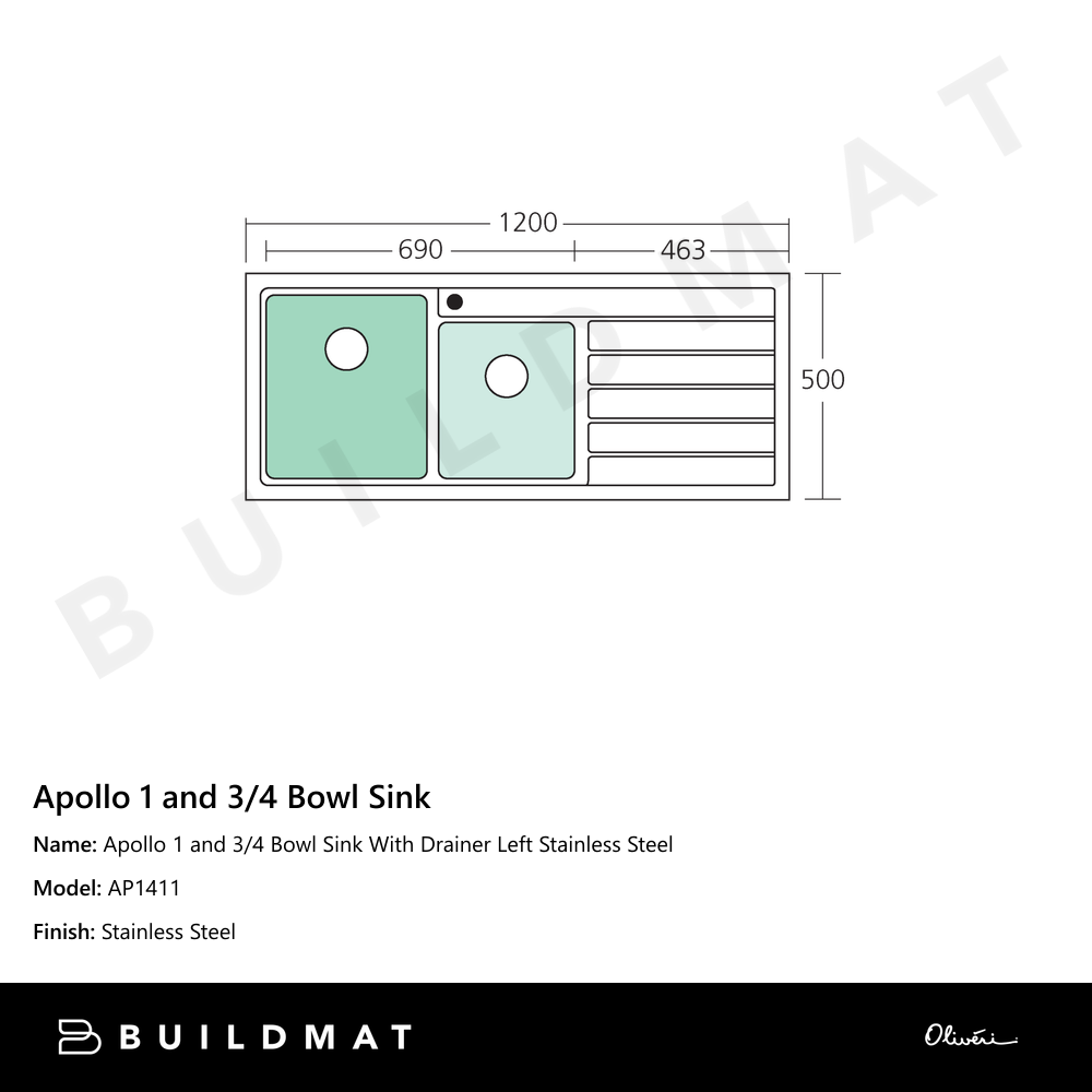 Apollo 1 And 3/4 Bowl Sink With Drainer Left Stainless Steel