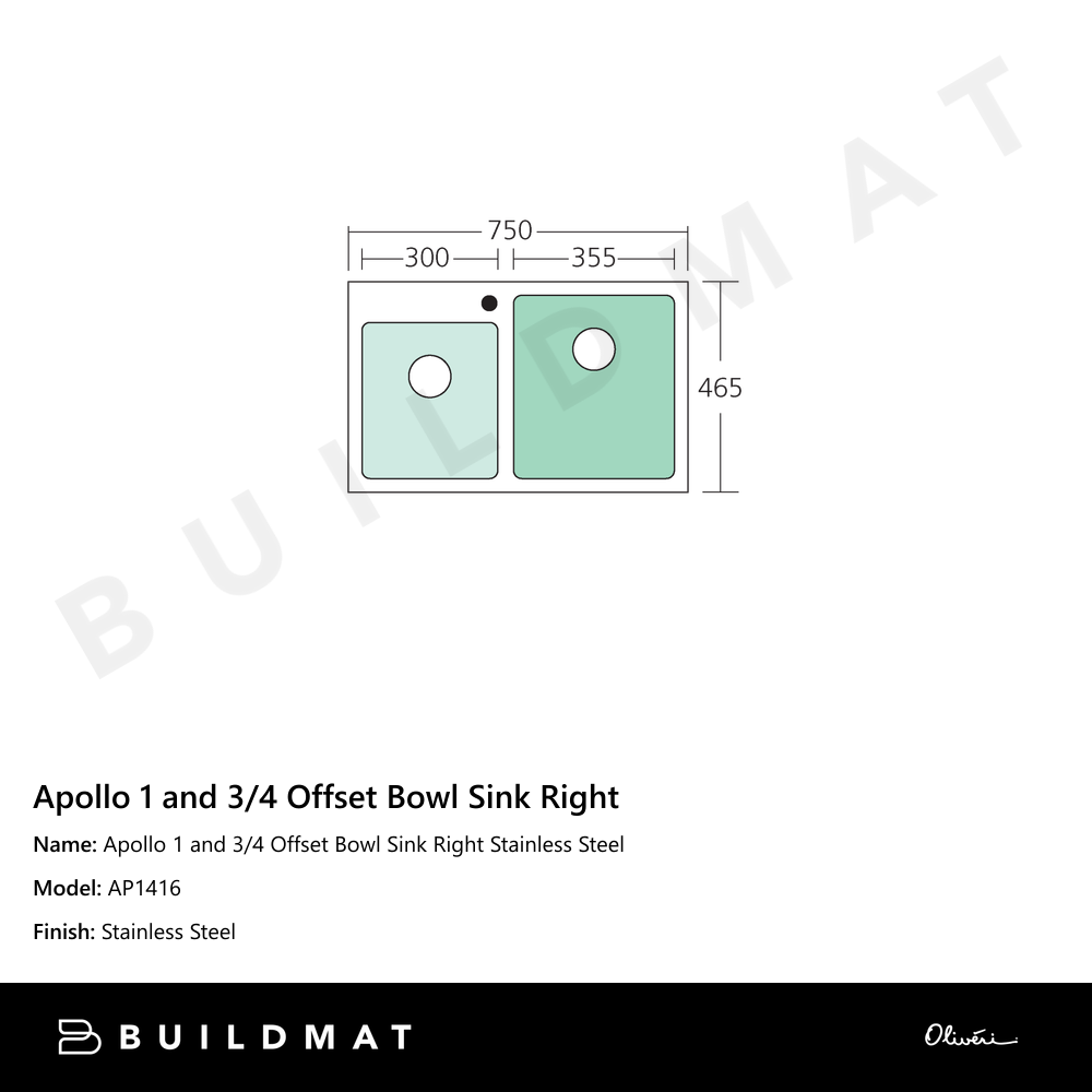 Apollo 1 And 3/4 Offset Bowl Sink Right Stainless Steel