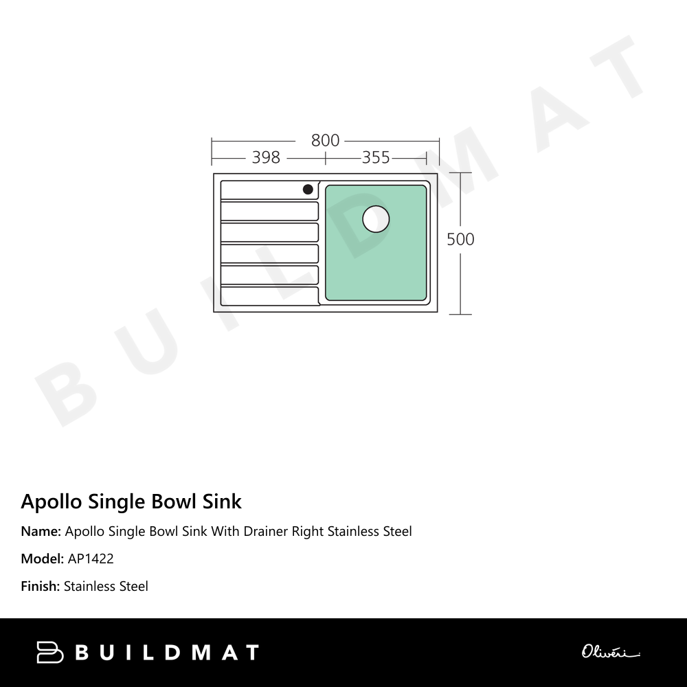 Apollo Single Bowl Sink With Drainer Right Stainless Steel