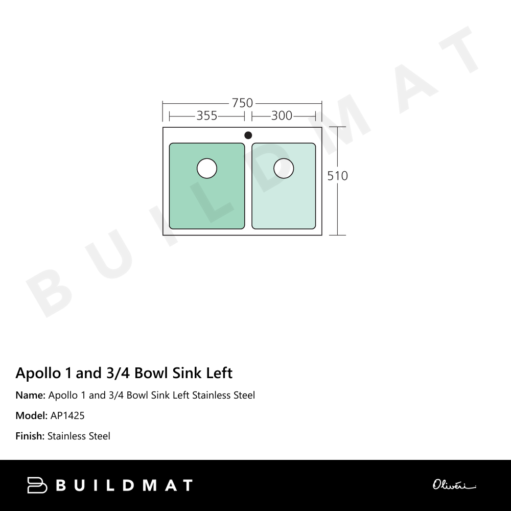 Apollo 1 And 3/4 Bowl Sink Left Stainless Steel