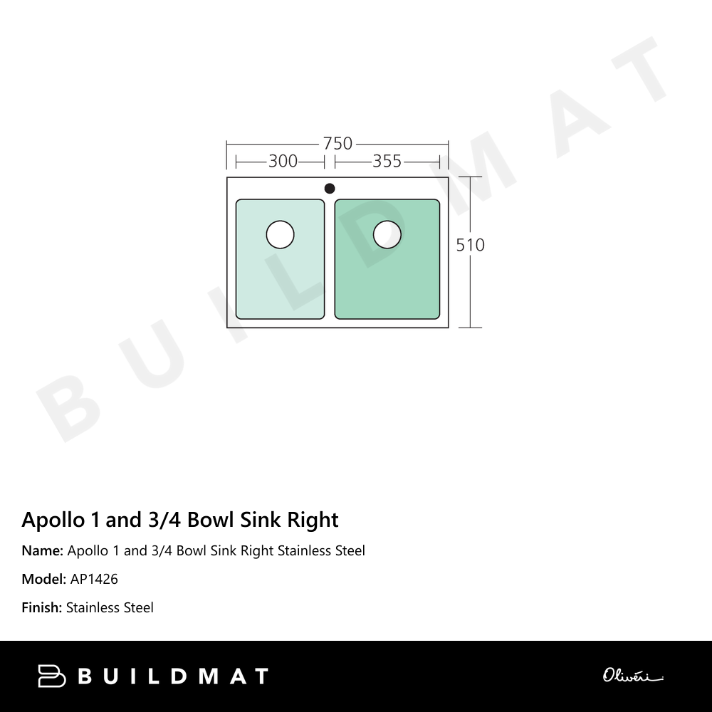 Apollo 1 And 3/4 Bowl Sink Right Stainless Steel