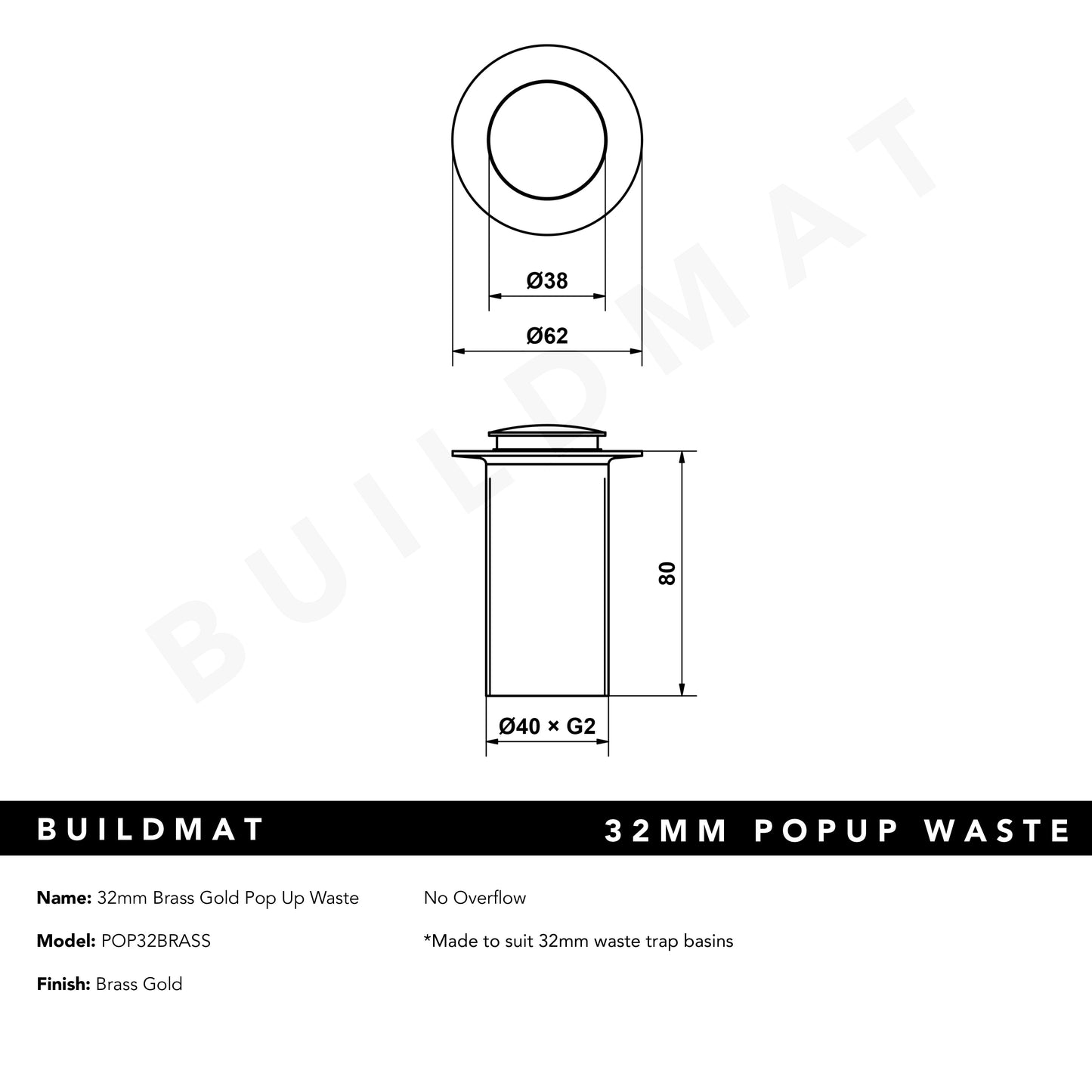 32mm Brass Gold Pop Up Waste