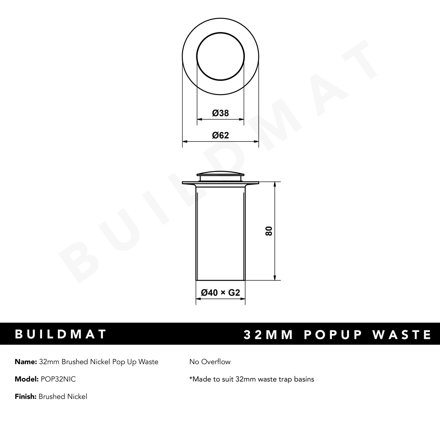 32mm Brushed Nickel Pop Up Waste