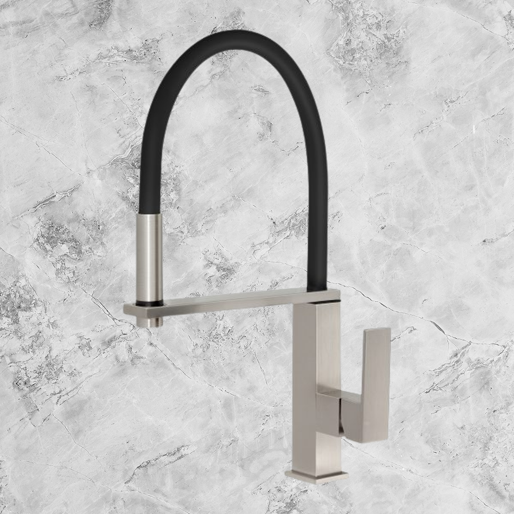 Vezz Flexible Hose Sink Mixer Square 210mm Brushed Nickel