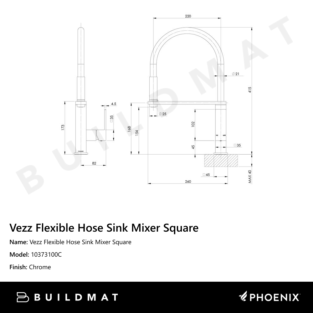 Vezz Flexible Hose Sink Mixer Square 210mm Chrome