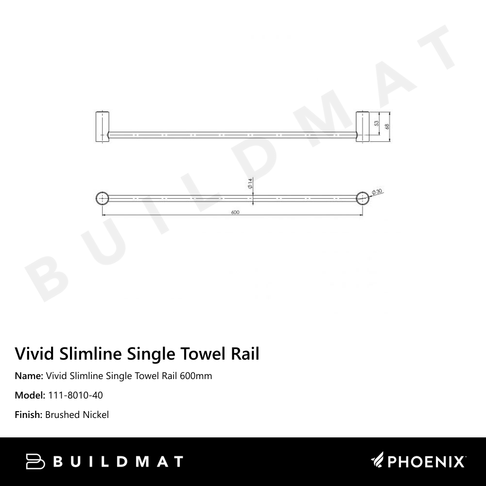 Vivid Slimline Single Towel Rail 600mm Brushed Nickel