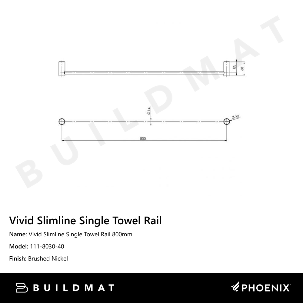 Vivid Slimline Single Towel Rail 800mm Brushed Nickel