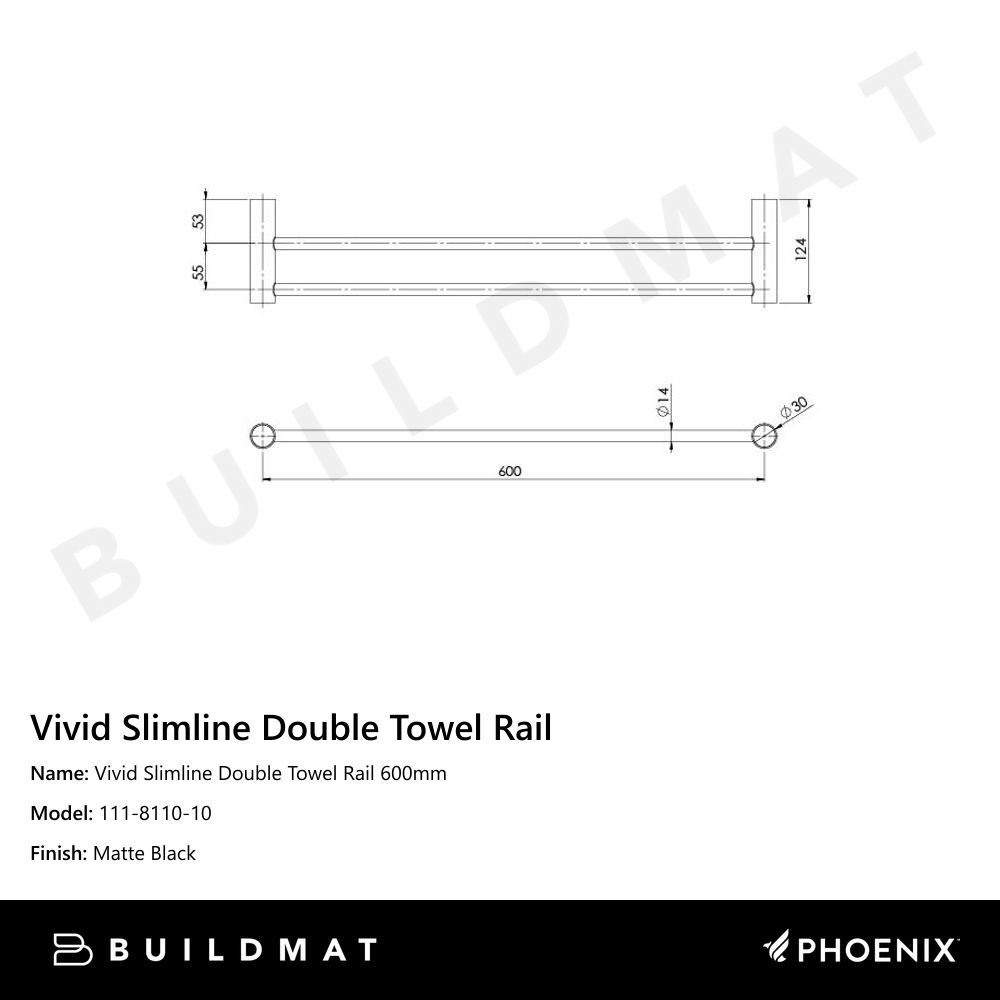 Vivid Slimline Double Towel Rail 600mm Matte Black