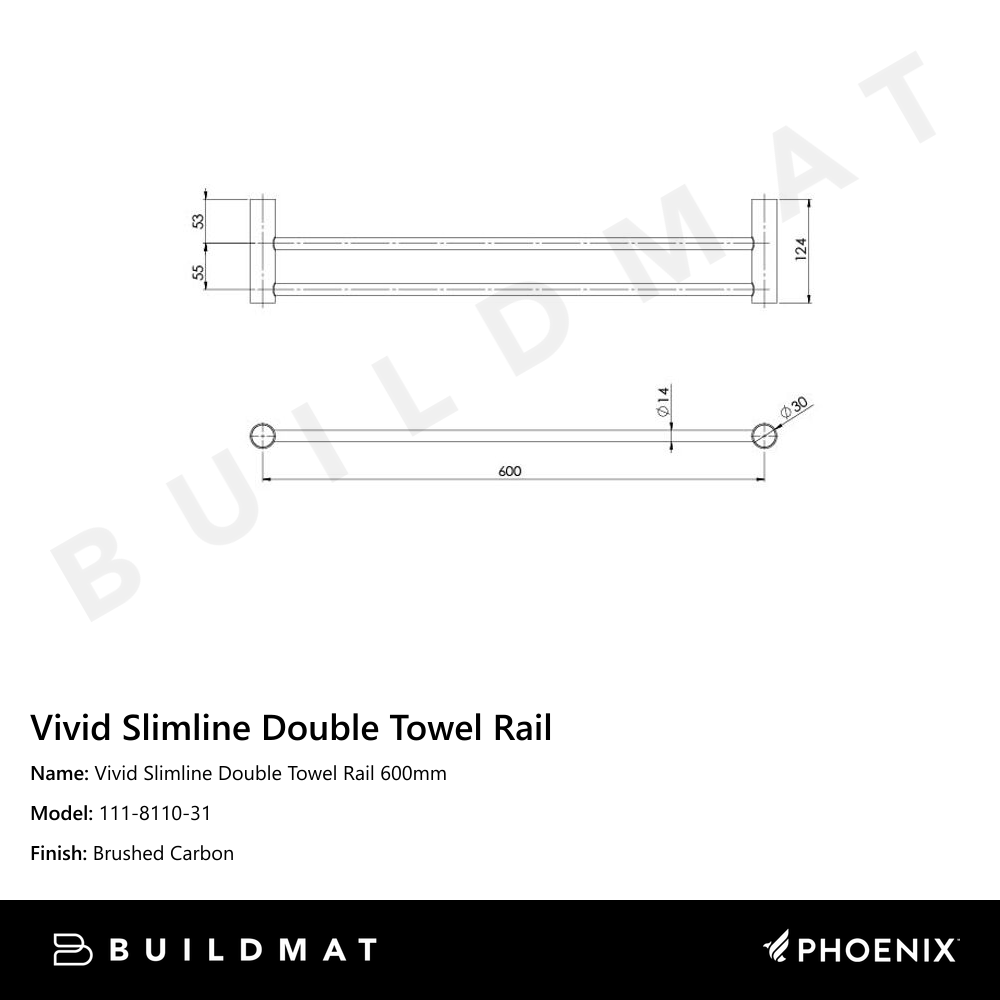 Vivid Slimline Double Towel Rail 600mm  Brushed Carbon