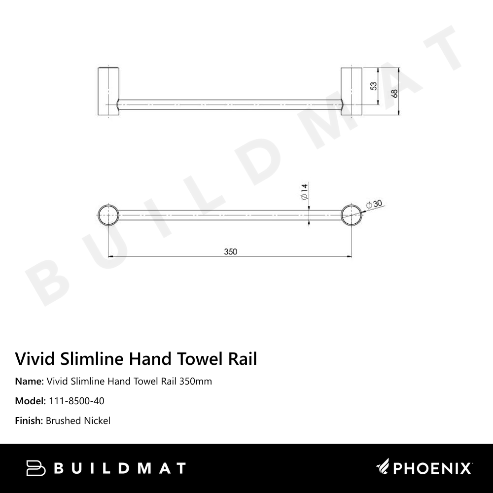 Vivid Slimline Hand Towel Rail 350mm Brushed Nickel