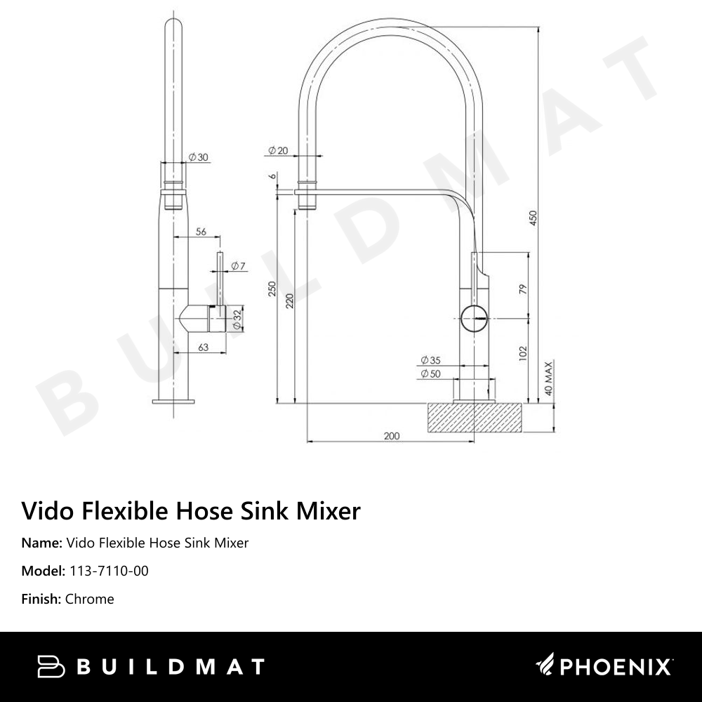 Vido Flexible Hose Sink Mixer 200mm Chrome