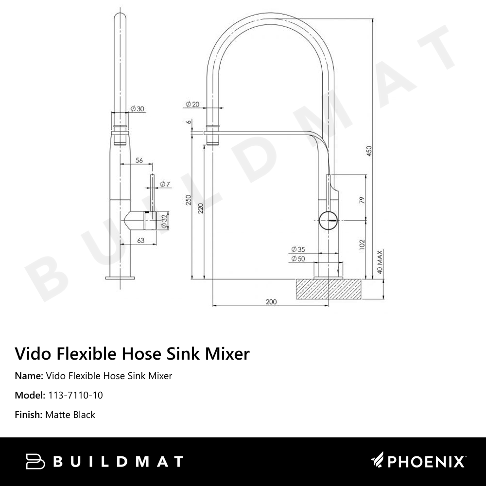 Vido Flexible Hose Sink Mixer 200mm Matte Black