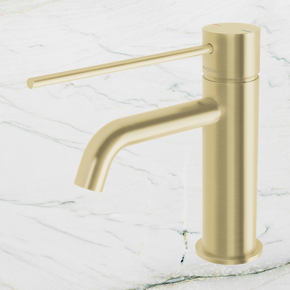 Vivid Slimline Basin Mixer Curved Outlet with Extended Lever  Brushed Gold