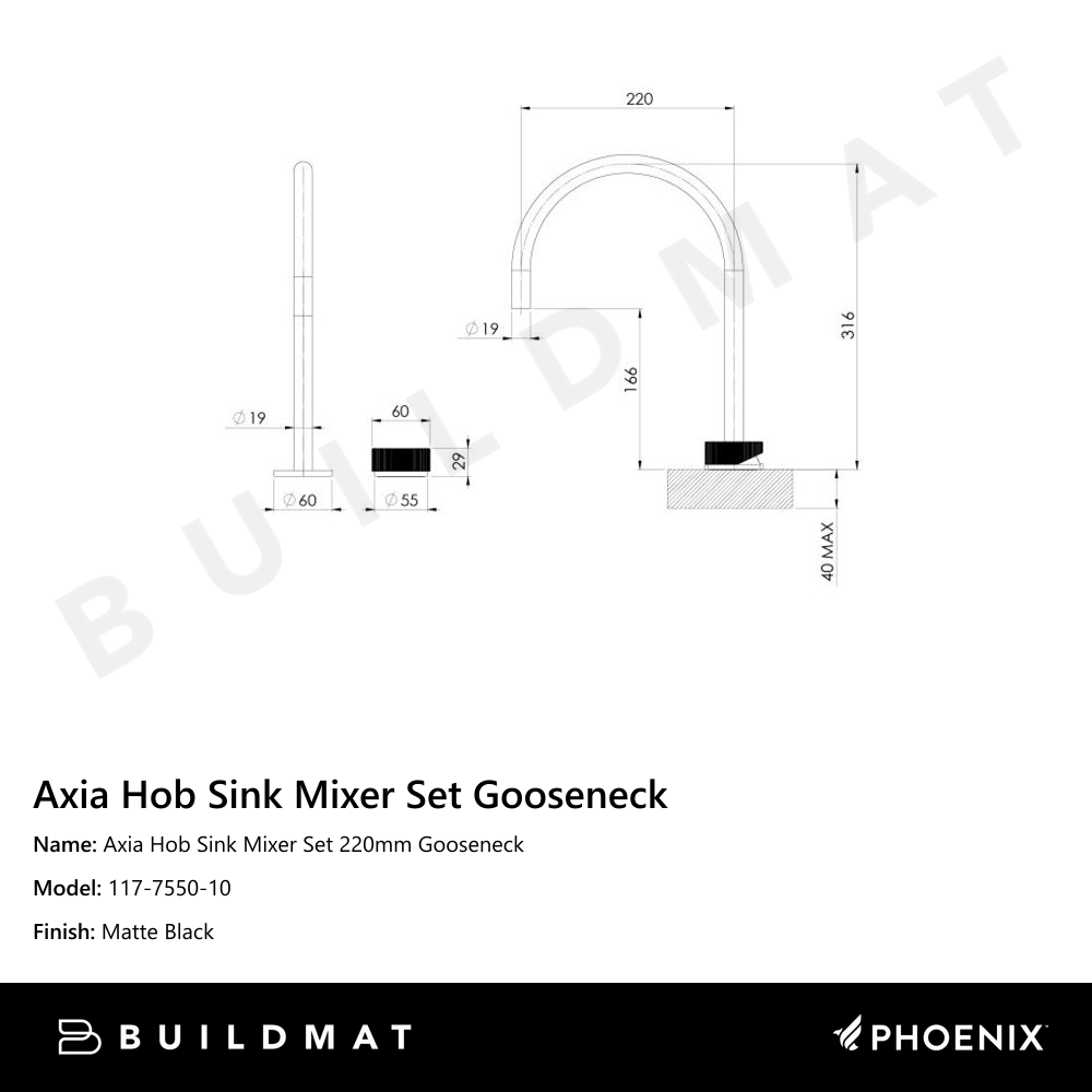 Axia Hob Sink Mixer Set 220mm Gooseneck Matte Black