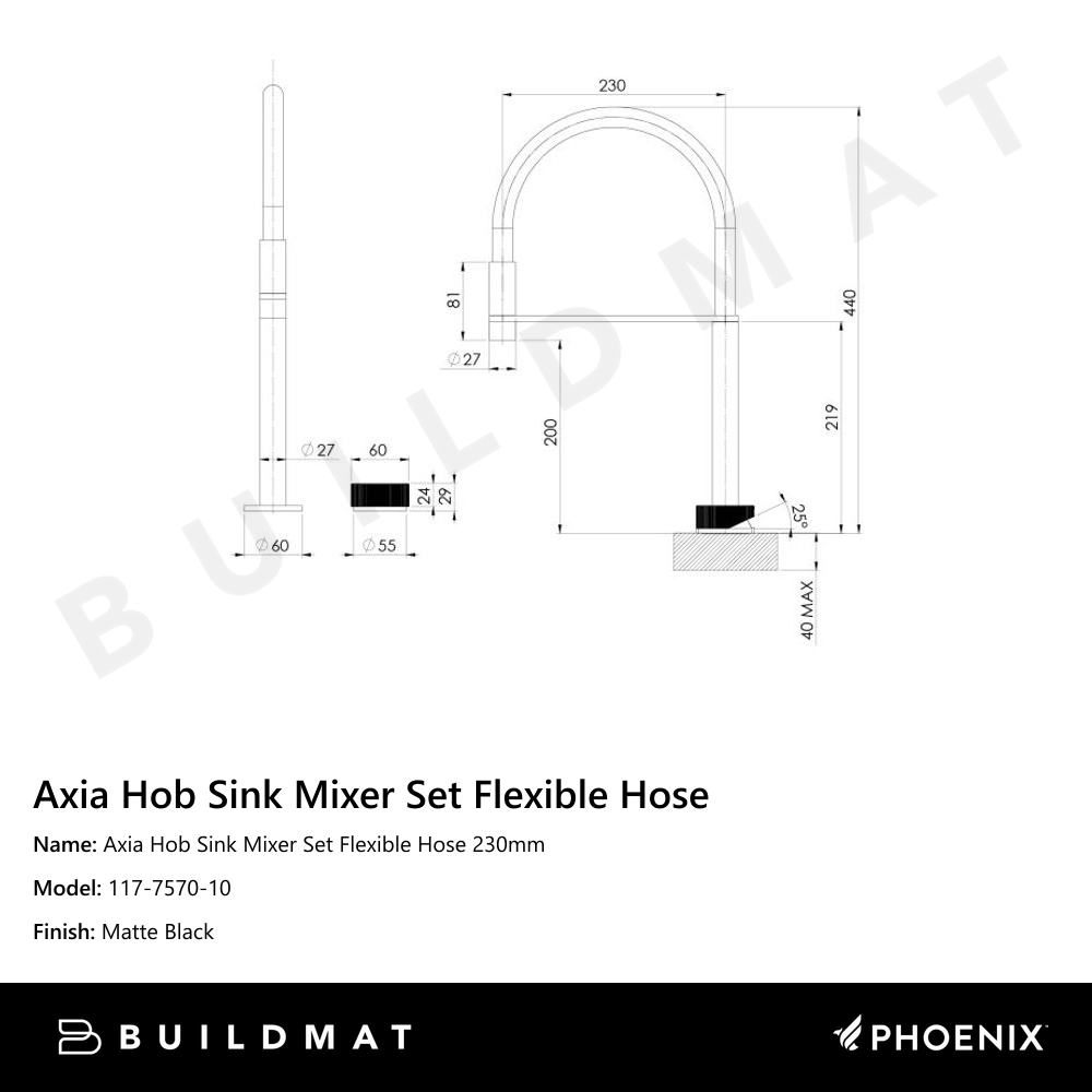 Axia Matte Black Hob Sink Mixer Set Flexible Hose 230mm