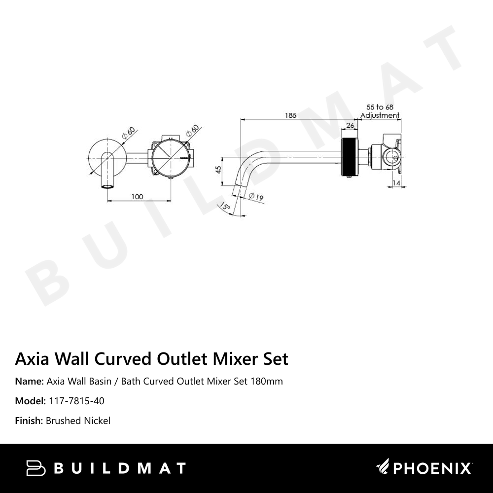 Axia Wall Basin/Bath Curved Outlet Mixer Set 180mm  Brushed Nickel