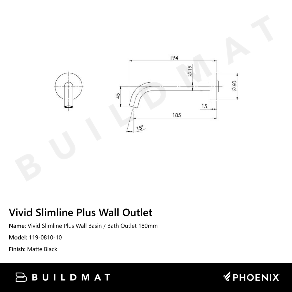 Vivid Slimline Plus Wall Basin / Bath Outlet 180mm Matte Black