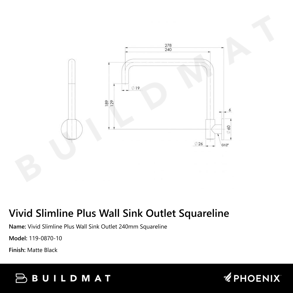 Vivid Slimline Plus Wall Sink Outlet 240mm Squareline  Matte Black