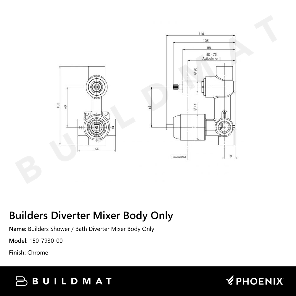 Builders Shower / Bath Diverter Mixer Body Only Chrome