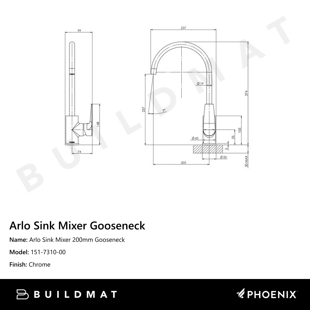 Arlo Sink Mixer 200mm Gooseneck Chrome