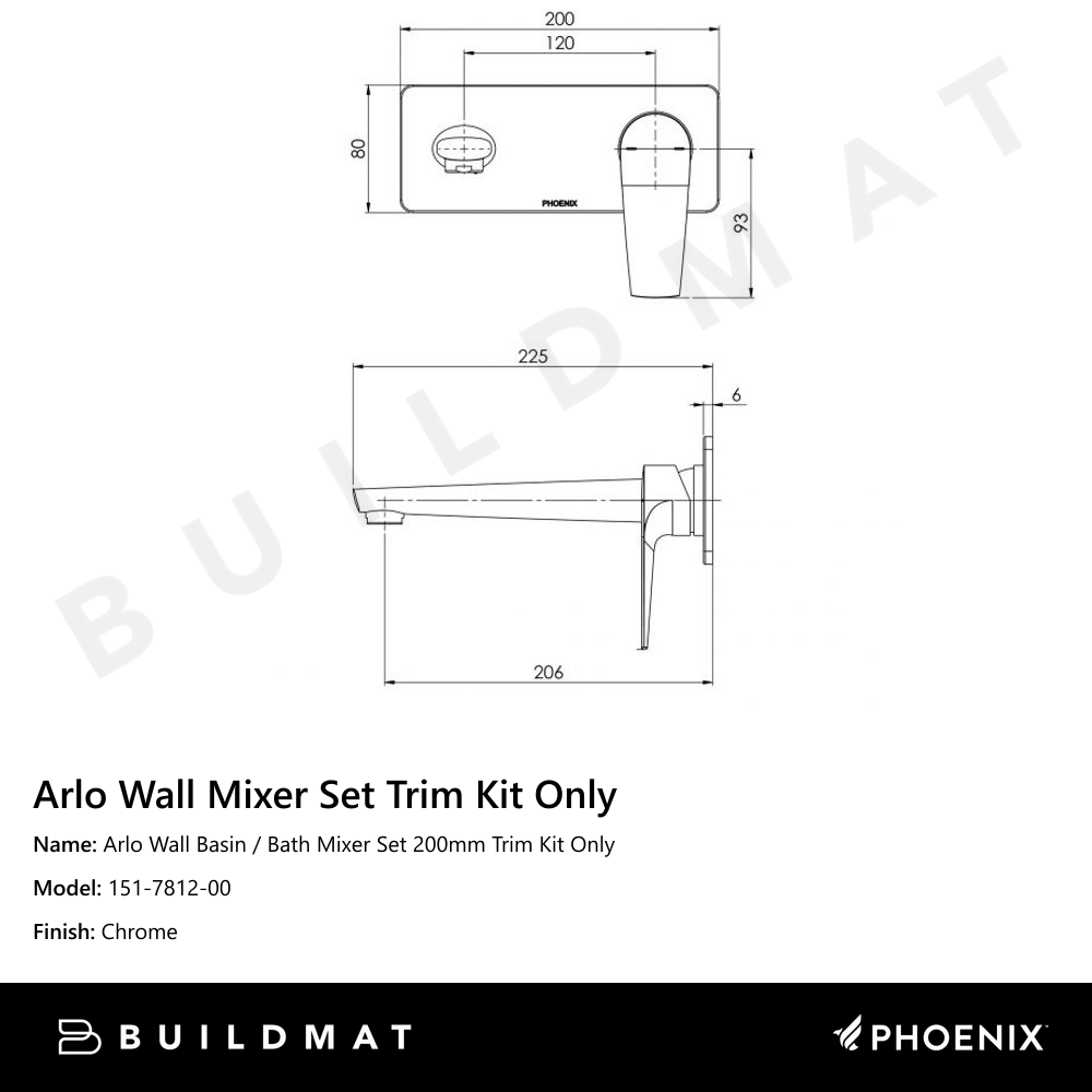 Arlo Wall Basin / Bath Mixer Set 200mm Trim Kit Only Chrome