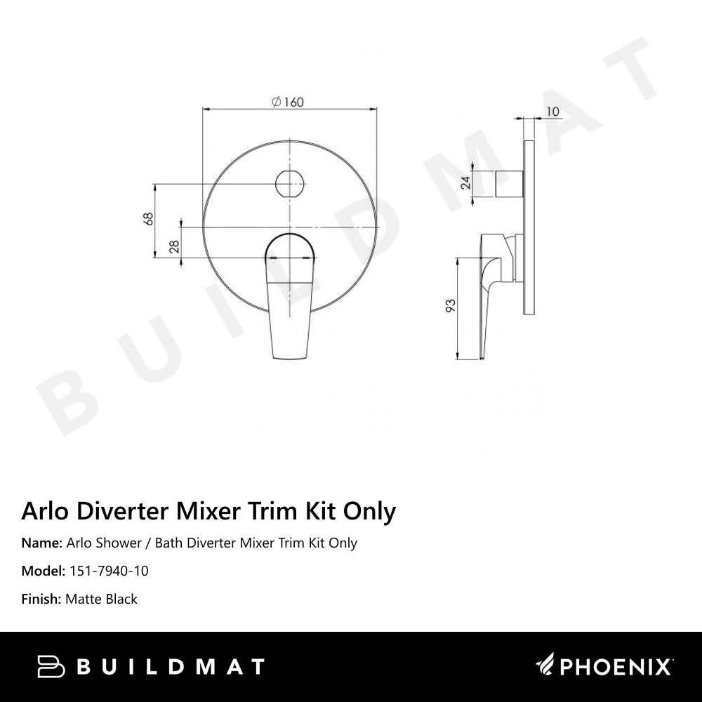 Arlo Shower / Bath Diverter Mixer Trim Kit Only Matte Black