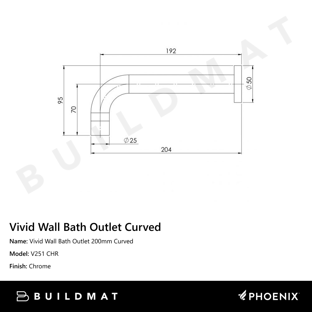 Vivid Wall Bath Outlet 200mm Curved Chrome