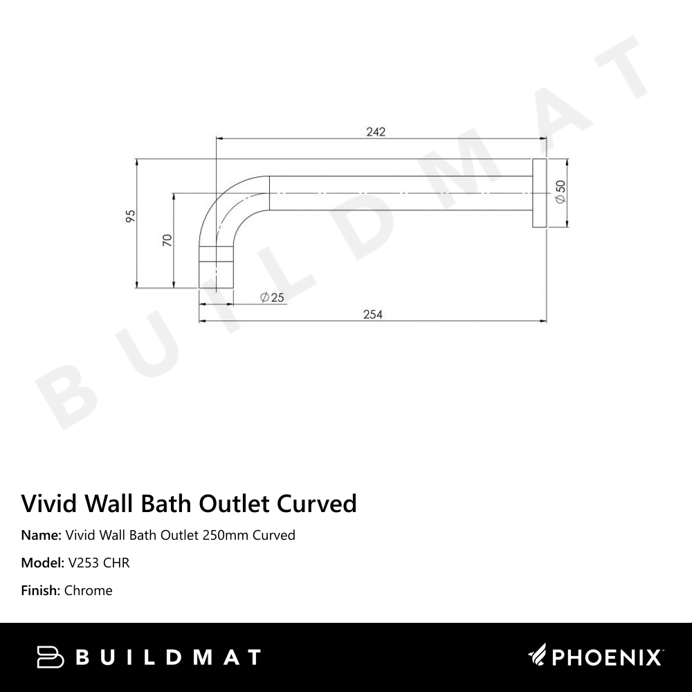 Vivid Wall Bath Outlet 250mm Curved Chrome