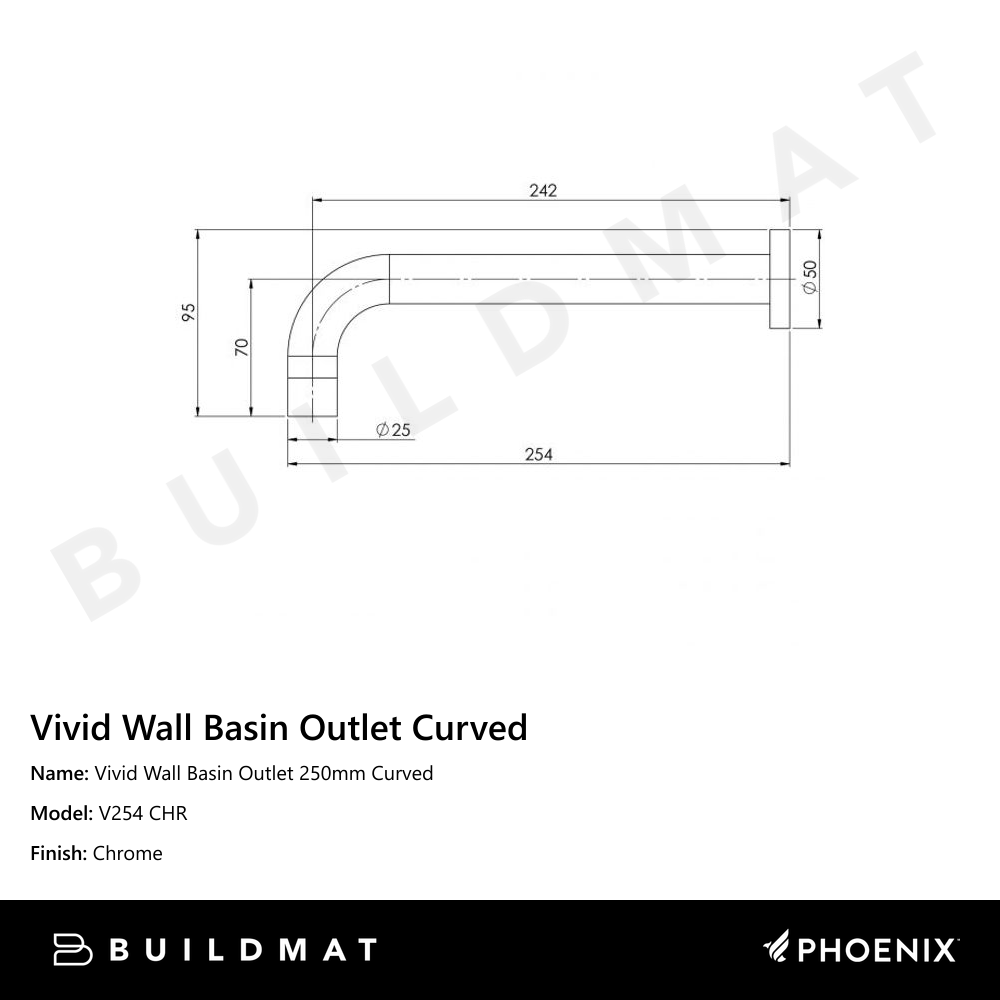 Vivid Wall Basin Outlet 250mm Curved Chrome