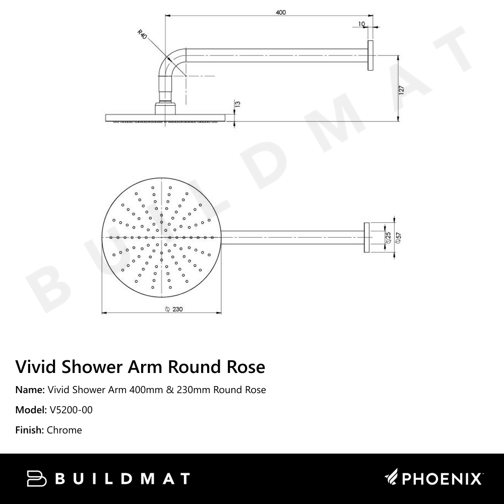 Vivid Shower Arm 400mm & 230mm Round Rose Chrome