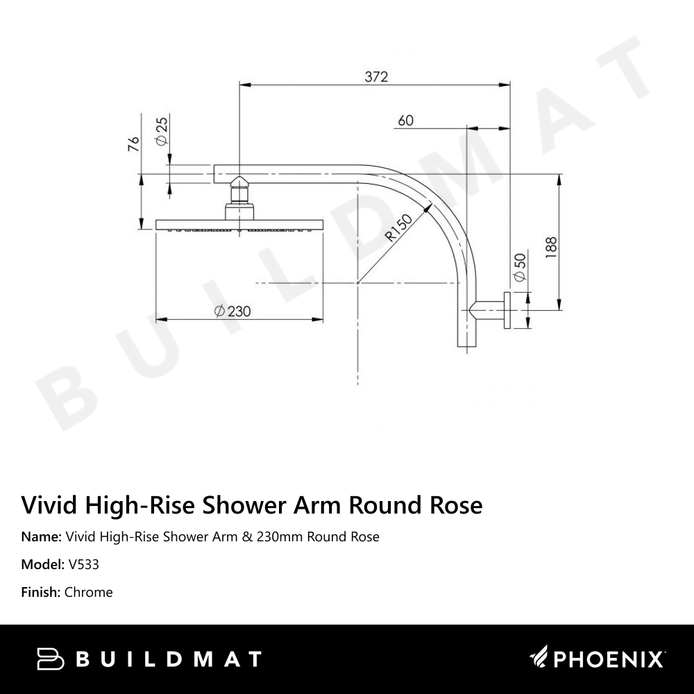 Vivid High-Rise Shower Arm & 230mm Round Rose Chrome