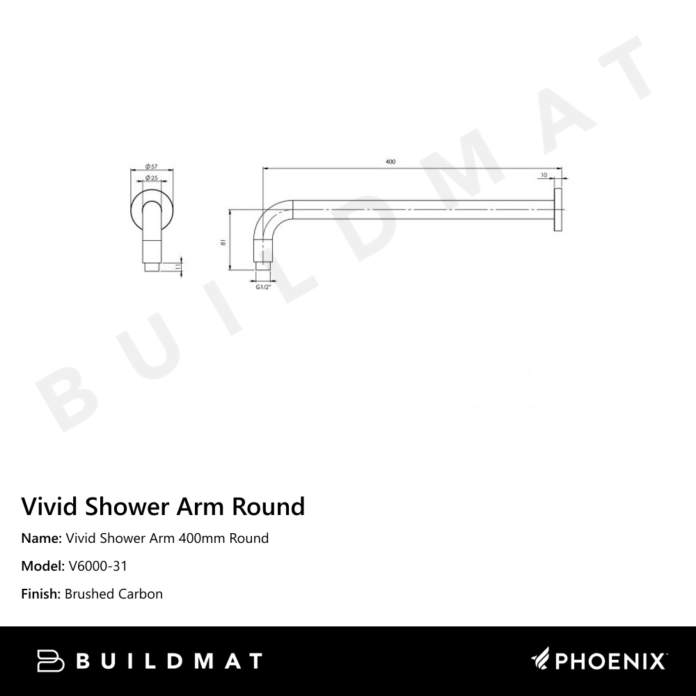 Vivid Shower Arm 400mm Round Brushed Carbon