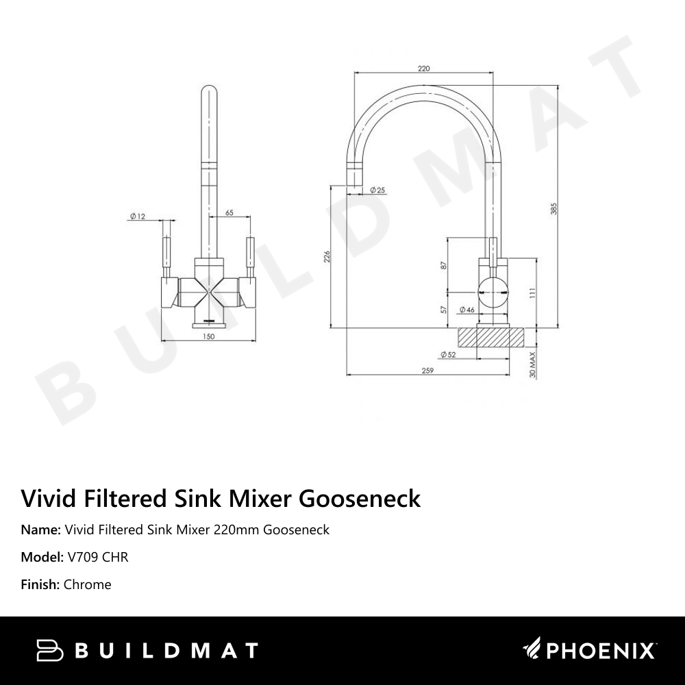 Vivid Filtered Sink Mixer 220mm Gooseneck  Chrome