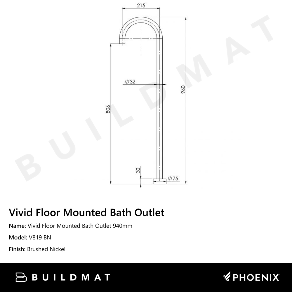 Vivid Floor Mounted Bath Outlet 940mm Brushed Nickel