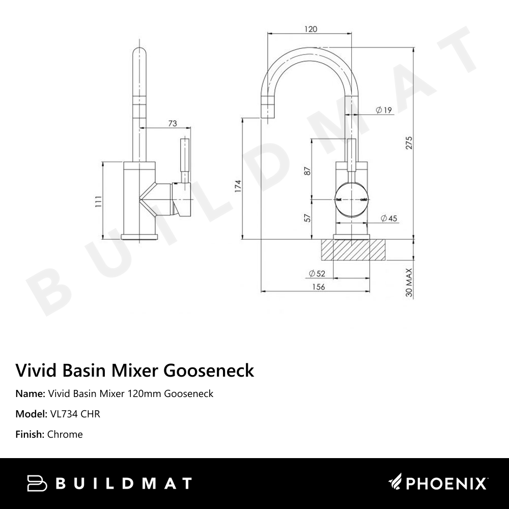 Vivid Basin Mixer 120mm Gooseneck Chrome