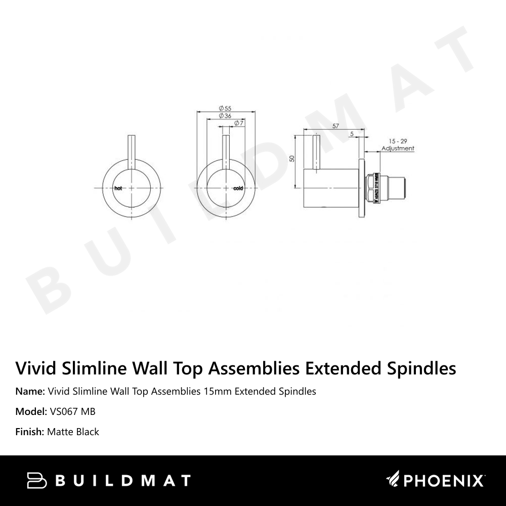 Vivid Slimline Wall Top Assemblies 15mm Extended Spindles Matte Black