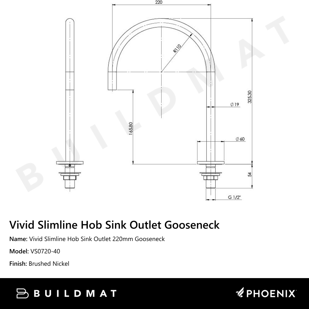 Vivid Slimline Hob Sink Outlet 220mm Gooseneck Brushed Nickel