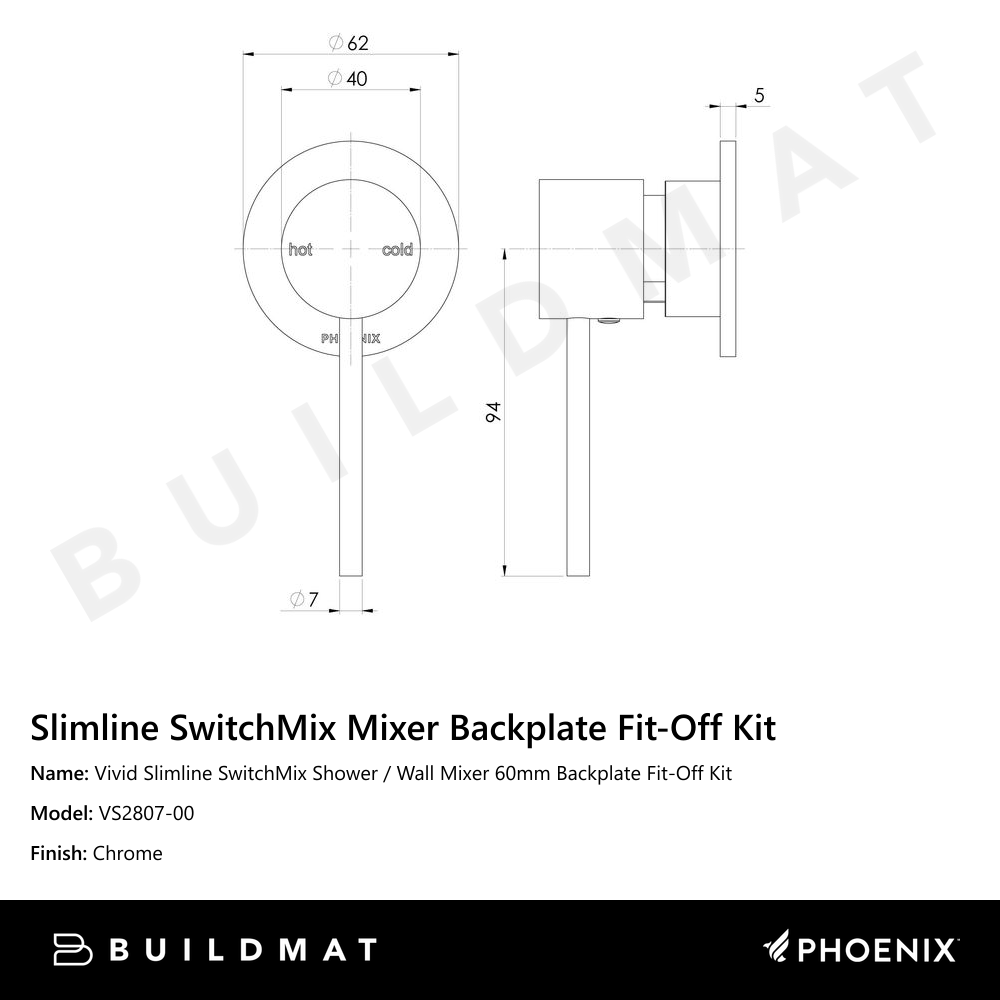 Vivid Slimline SwitchMix Shower / Wall Mixer 60mm Backplate Fit-Off Kit Chrome