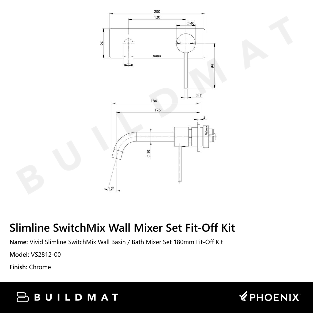 Vivid Slimline SwitchMix Wall Basin / Bath Mixer Set 180mm Fit-Off Kit Chrome