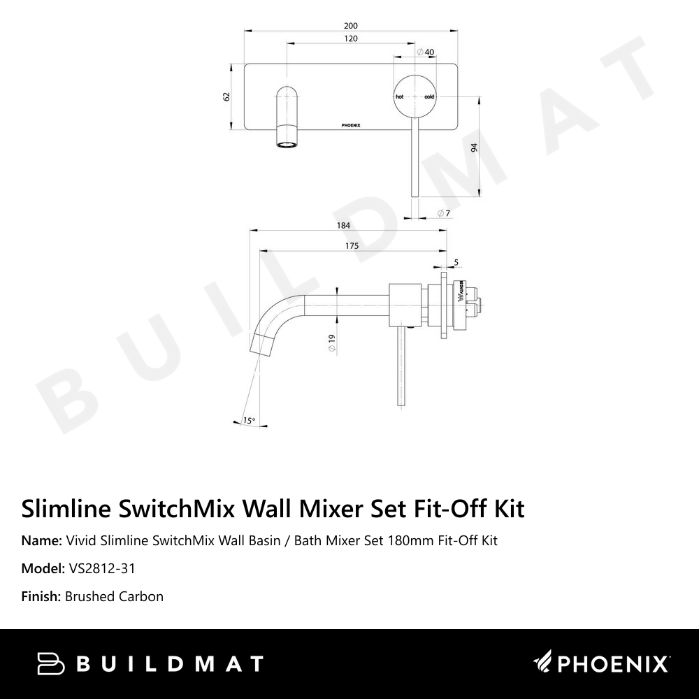 Vivid Slimline SwitchMix Wall Basin / Bath Mixer Set 180mm Fit-Off Kit Brushed Carbon