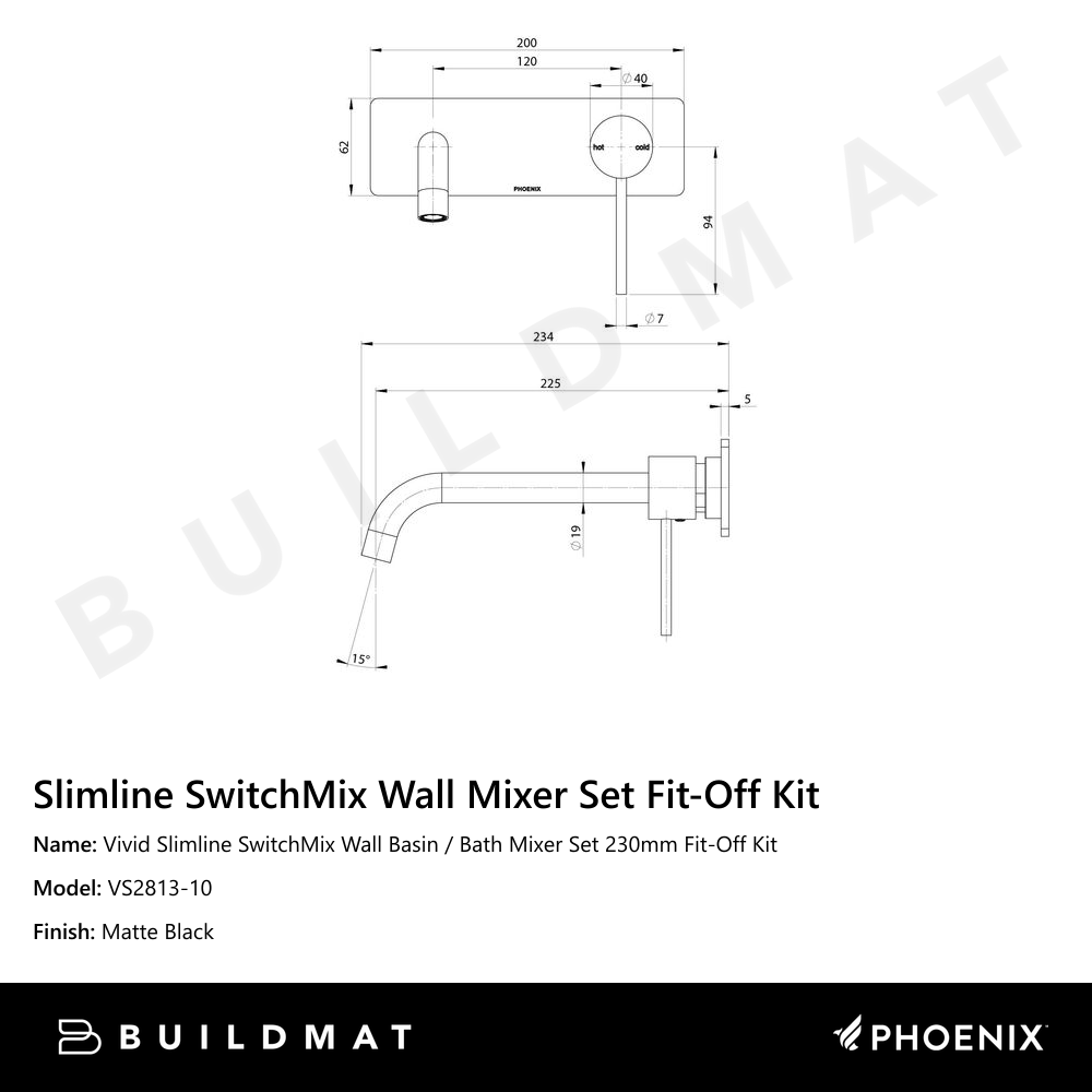 Vivid Slimline SwitchMix Wall Basin / Bath Mixer Set 230mm Fit-Off Kit Matte Black