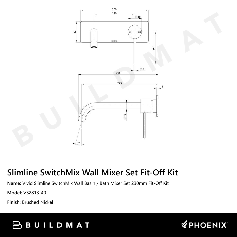 Vivid Slimline SwitchMix Wall Basin / Bath Mixer Set 230mm Fit-Off Kit Brushed Nickel