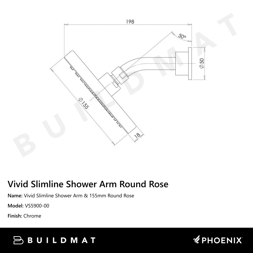 Vivid Slimline Shower Arm & 155mm Round Rose Chrome