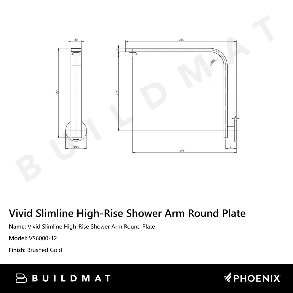 Vivid Slimline High-Rise Shower Arm Round Plate Brushed Gold