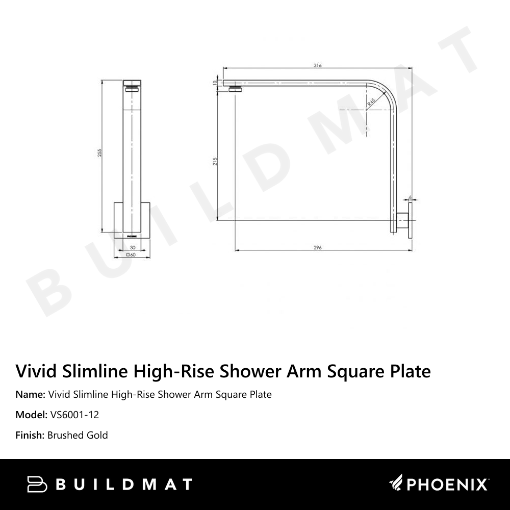 Vivid Slimline High-Rise Shower Arm Square Plate Brushed Gold