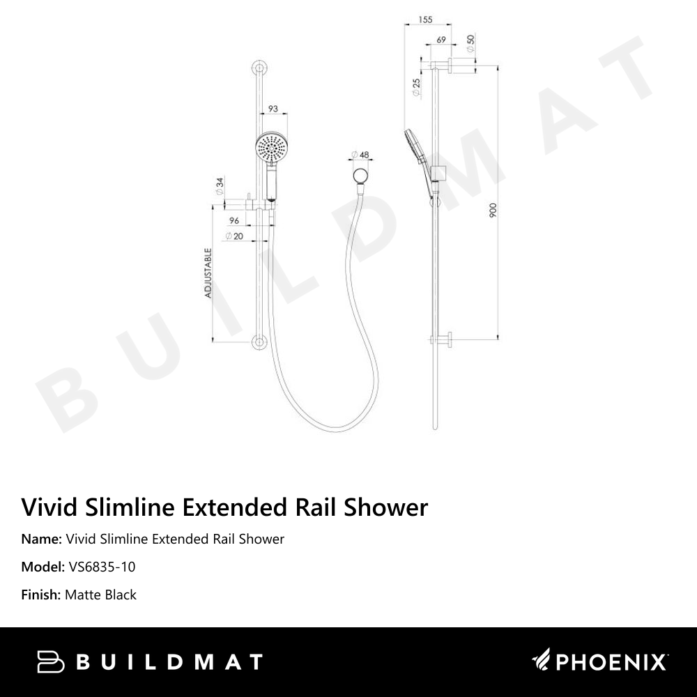 Vivid Slimline Extended Rail Shower Matte Black