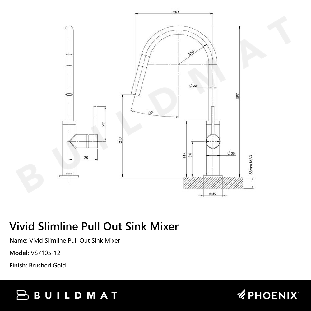 Vivid Slimline Brushed Gold Pull Out Sink Mixer