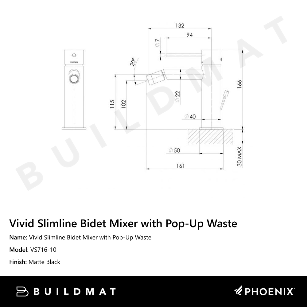 Vivid Slimline Bidet Mixer with Pop-Up Waste Matte Black