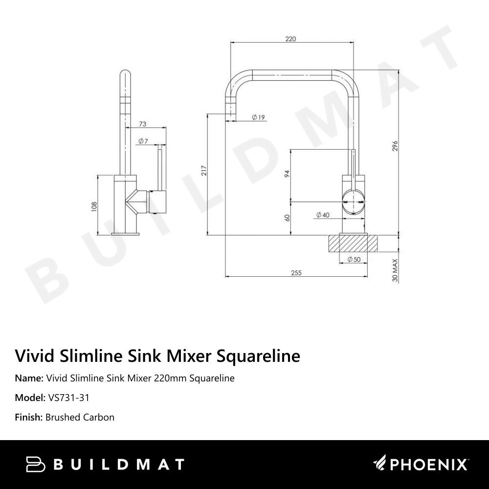 Vivid Slimline Sink Mixer 220mm Squareline Brushed Carbon